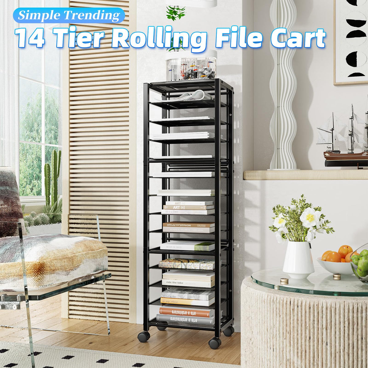 Simple Trending 14 Tier Rolling File Cart, Desk File Organizer, Paper Letter Storage Rolling