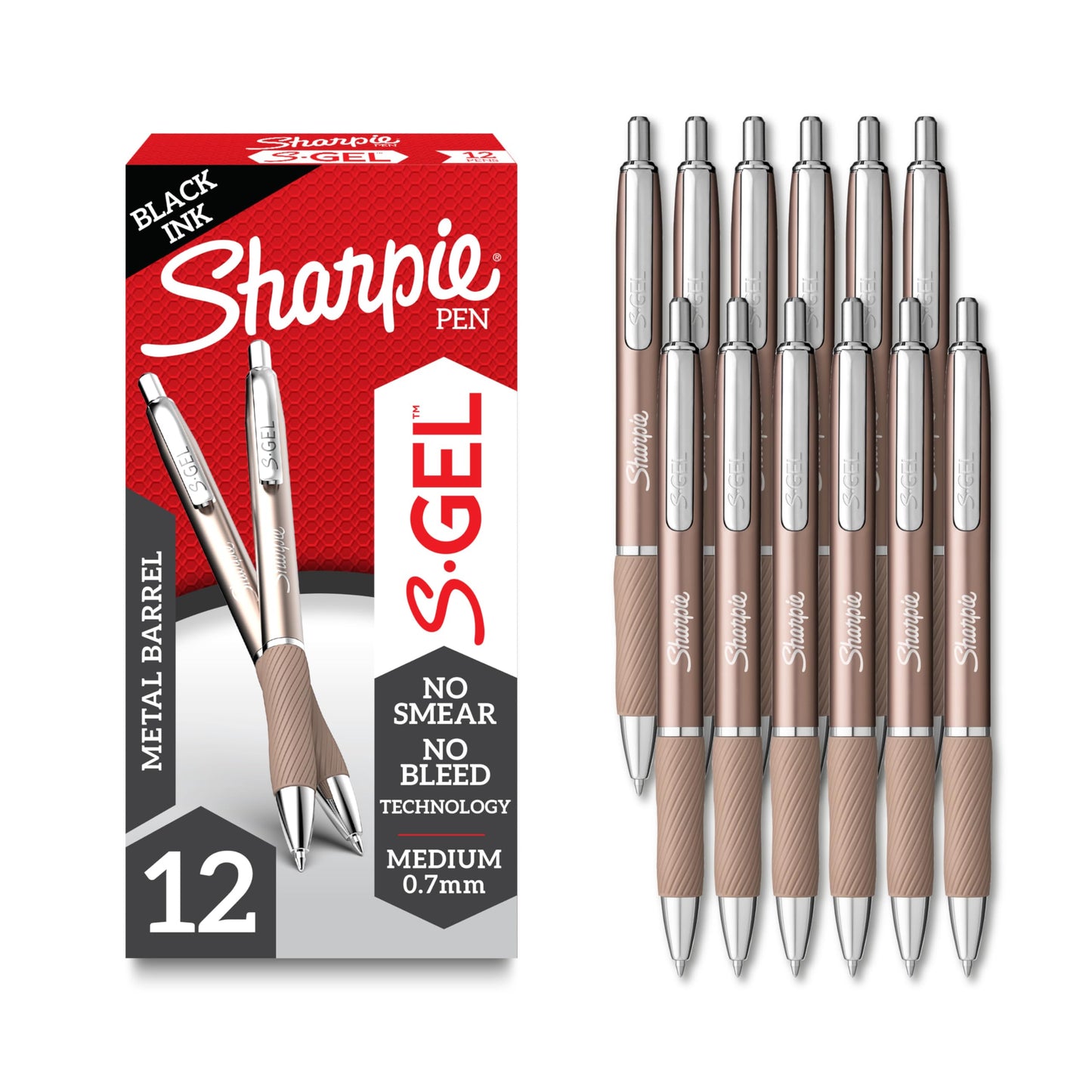 Sharpie S-Gel, Gel Ink Pens, Medium Point (0.7mm), Sleek Metal Barrel, Black Ink, 12 Count
