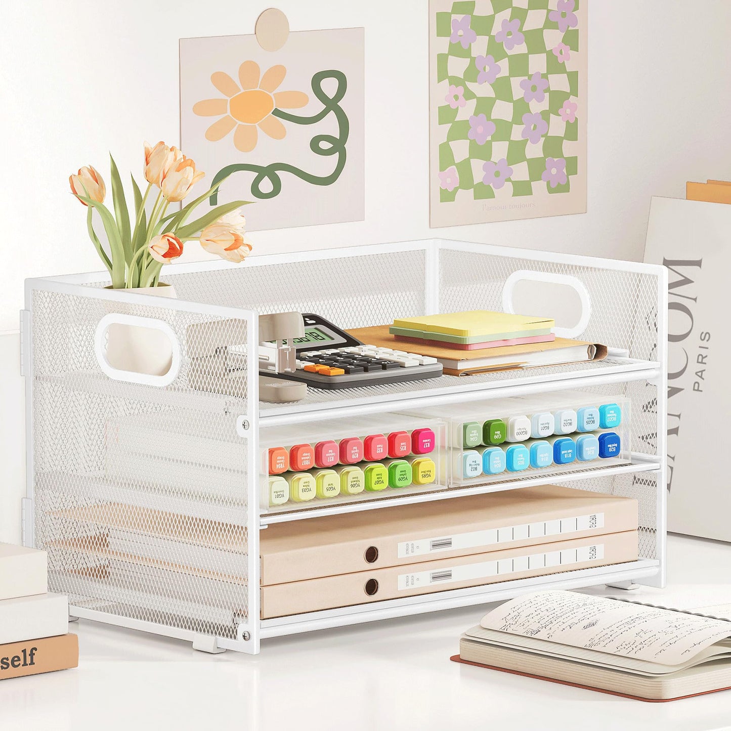 Subekyu 3 Tier Letter Tray Paper Organizer with Handle, 1 PC Sliding Tray, White Metal Mesh Desk