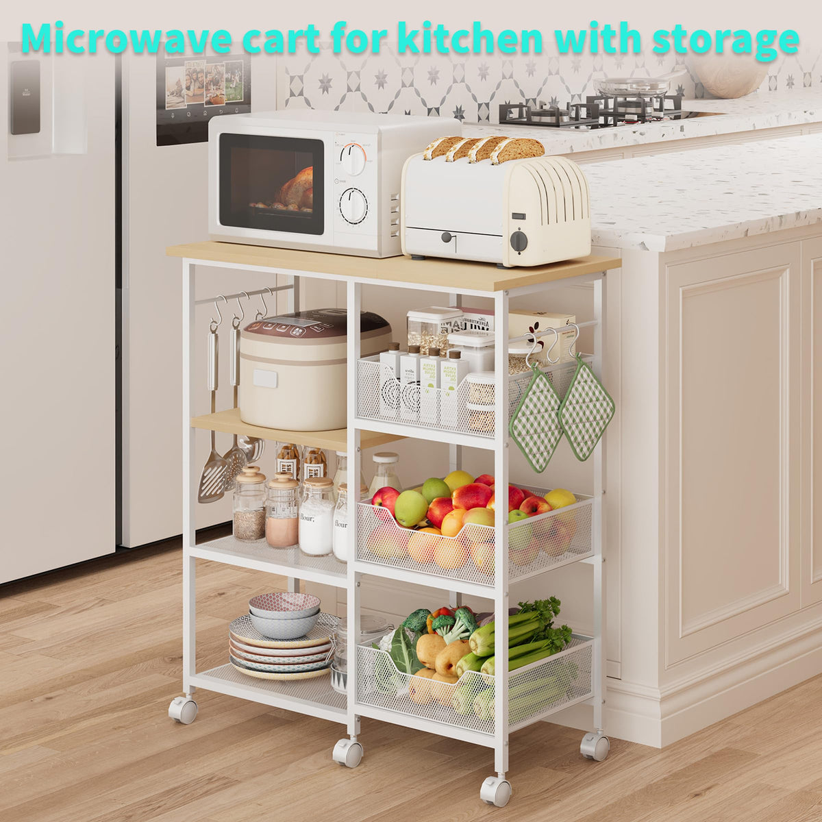 HapiRm Rolling Kitchen Carts with Storage - Microwave Table Stand with 6 Hooks & 3 Baskets, kitchen