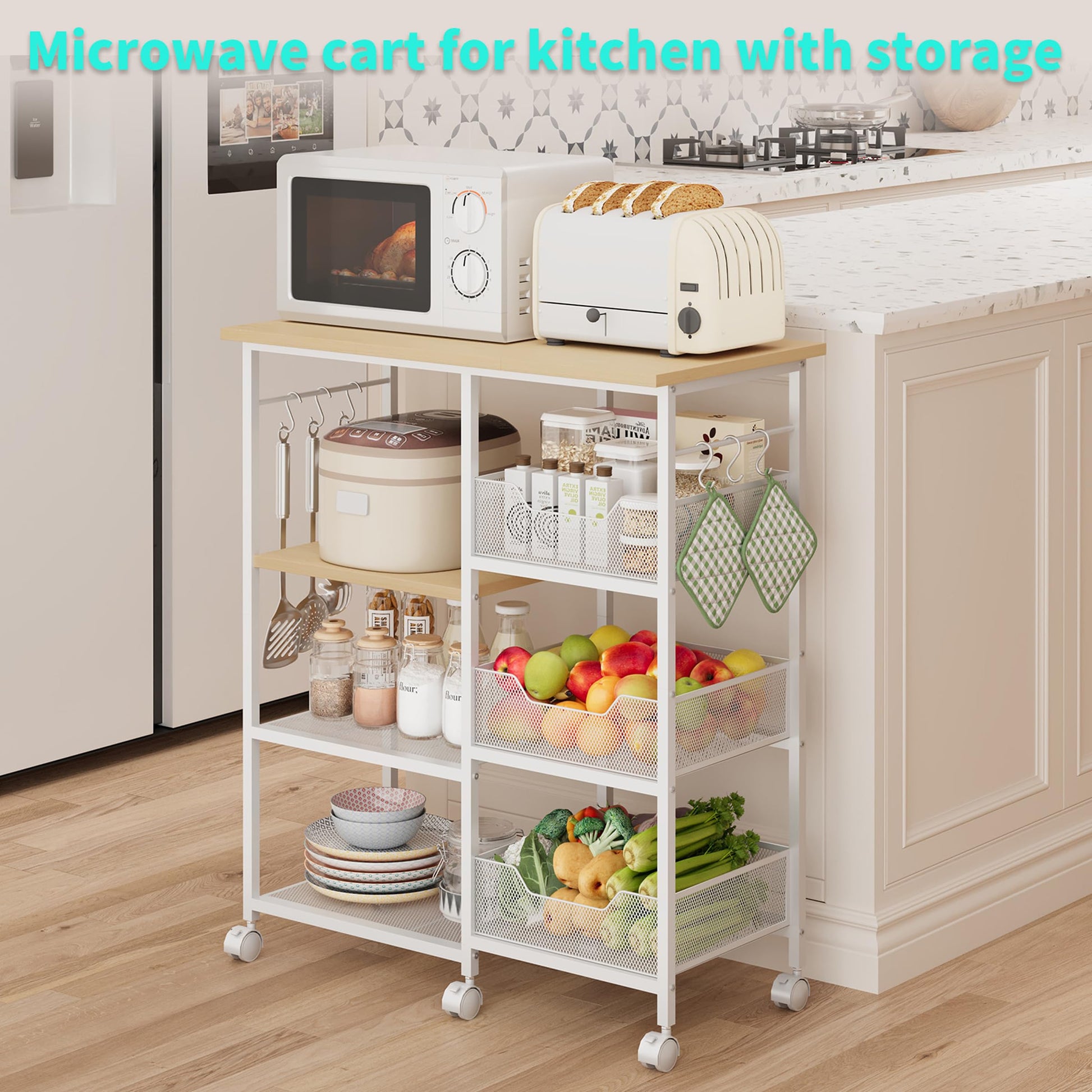 HapiRm Rolling Kitchen Carts with Storage - Microwave Table Stand with 6 Hooks & 3 Baskets, kitchen