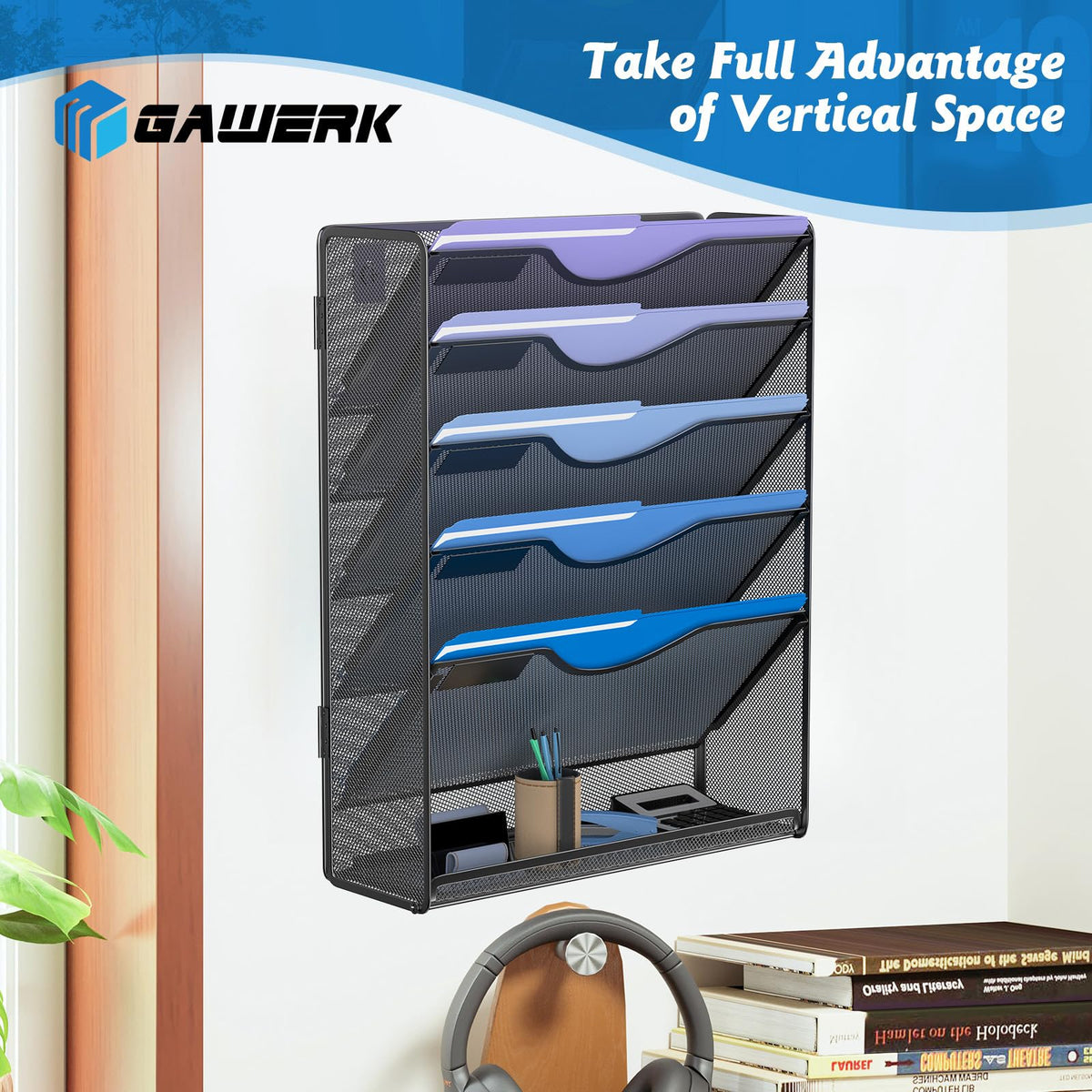 Gawerk 6 Tier Hanging File Organizer, Mesh Wall File Holder Paper Folder Rack with Bottom Flat Tray