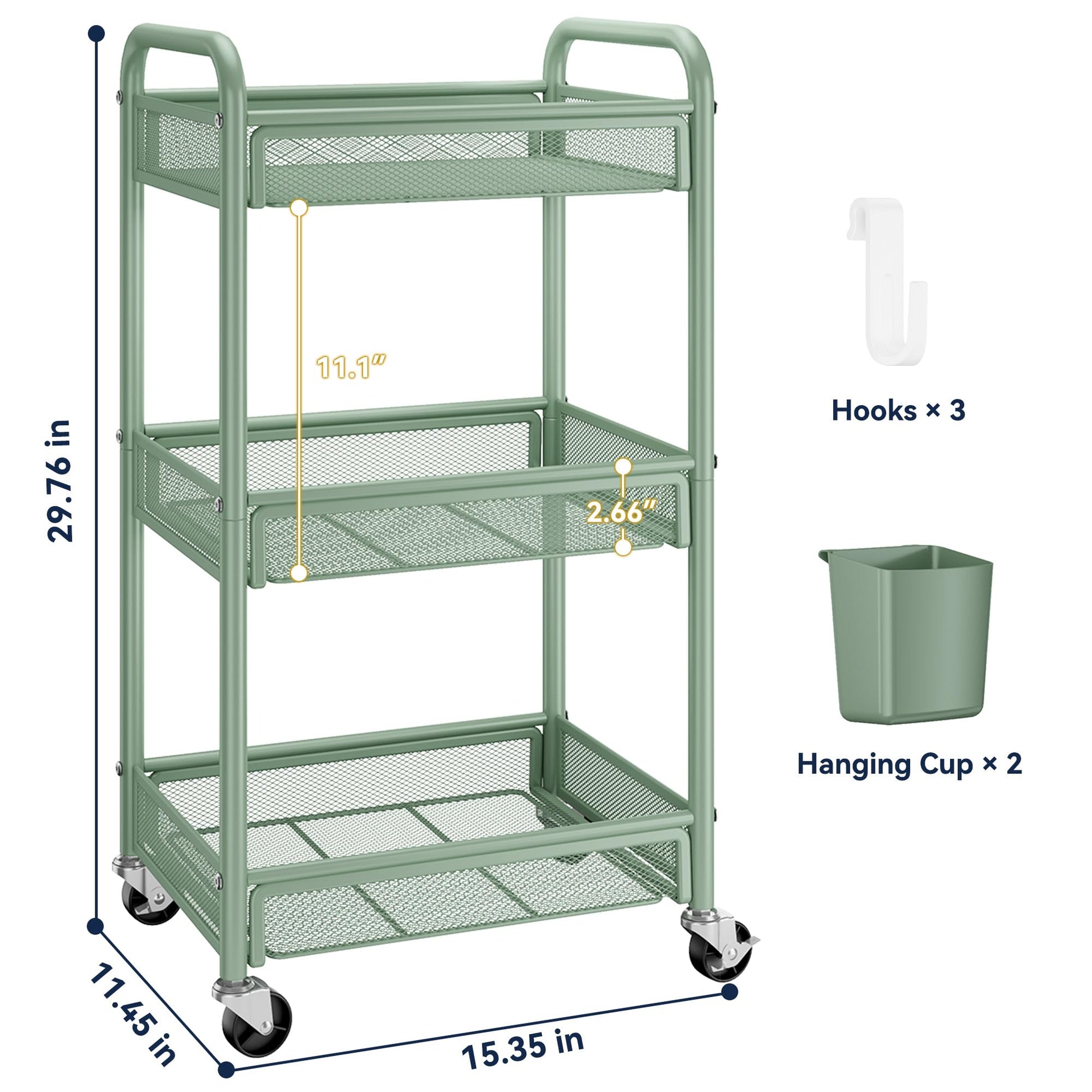 YASONIC 3 Tier Metal Rolling Cart, Green Utility Storage Cart with Wheels