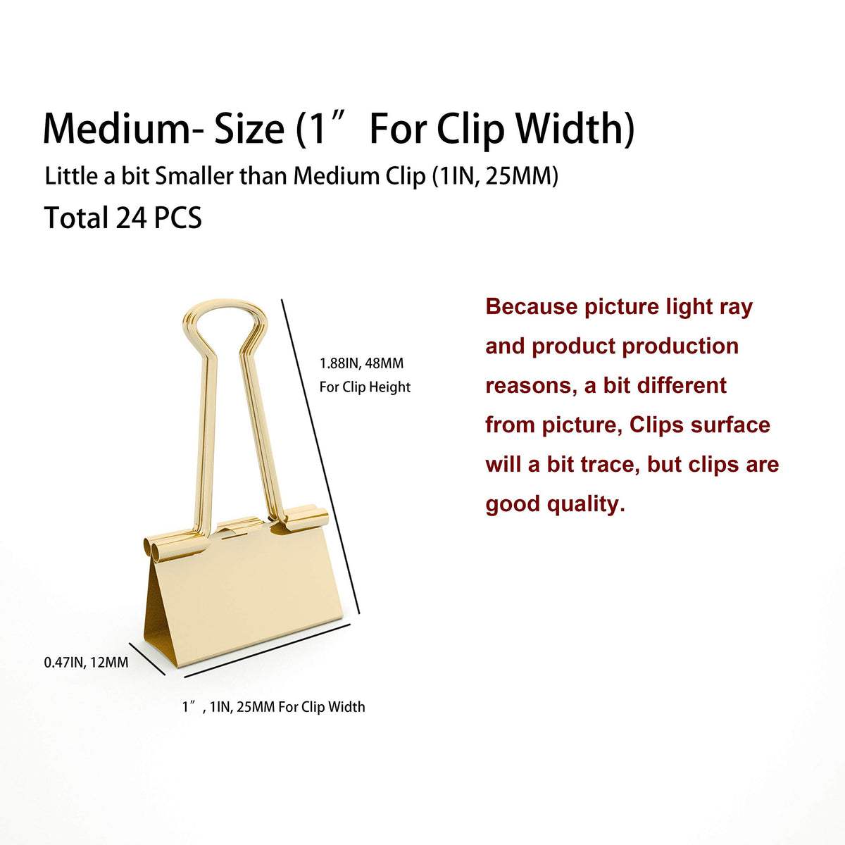 Nctinystore Binder Clips Little a bit Smaller Than Medium Clips Metal Clamp 1IN / 25MM (Golden, 24