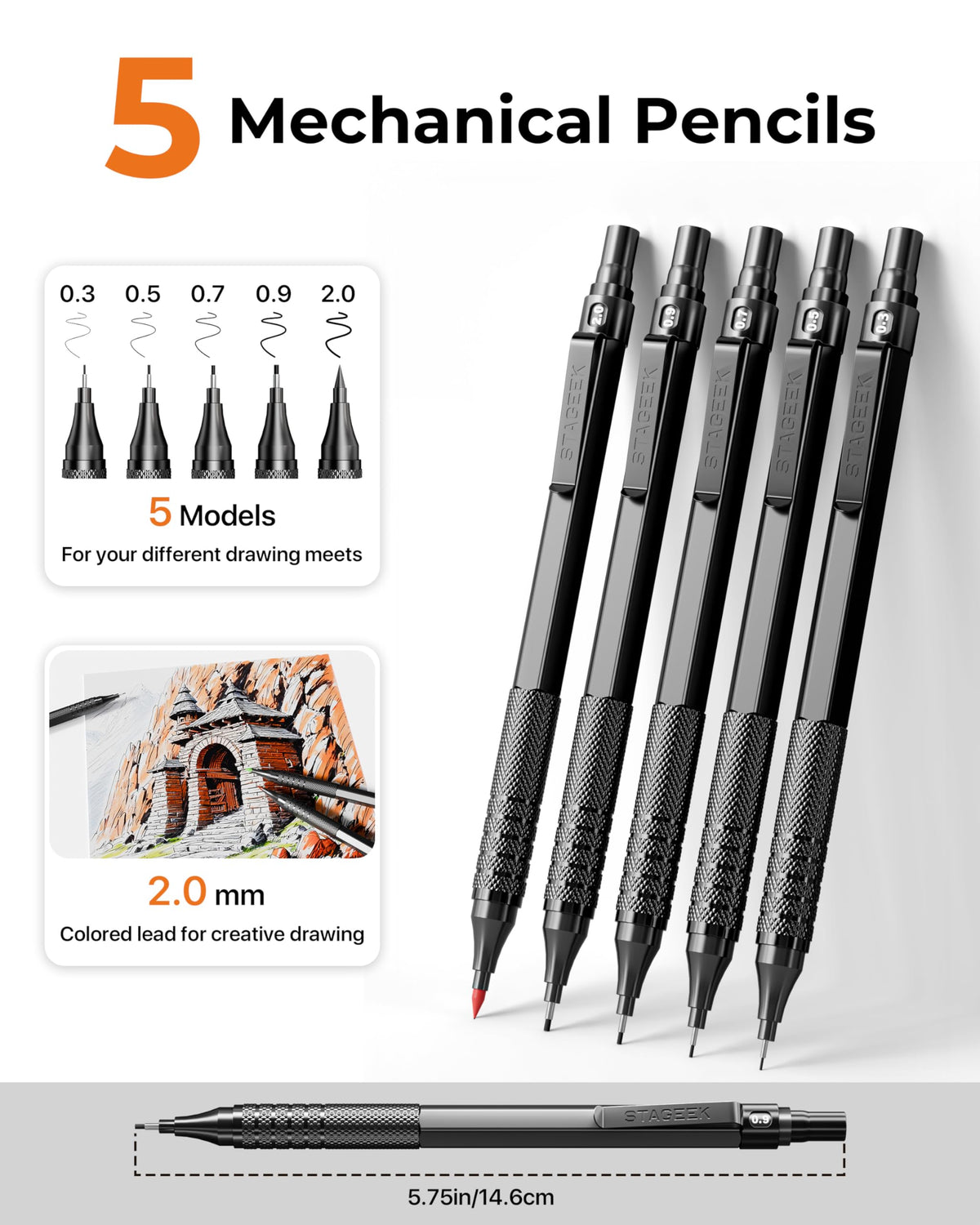 STAGEEK 20Pcs Black Metal Mechanical Pencil Set with Leather Case