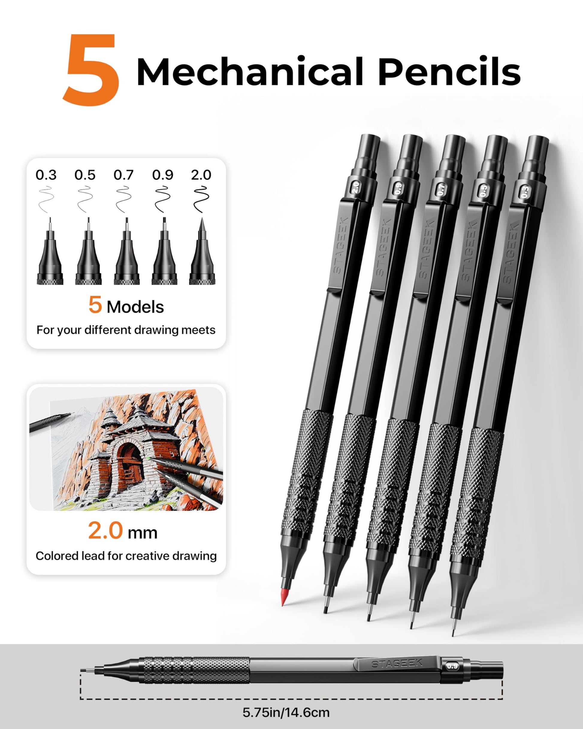 STAGEEK 20Pcs Black Metal Mechanical Pencil Set with Leather Case