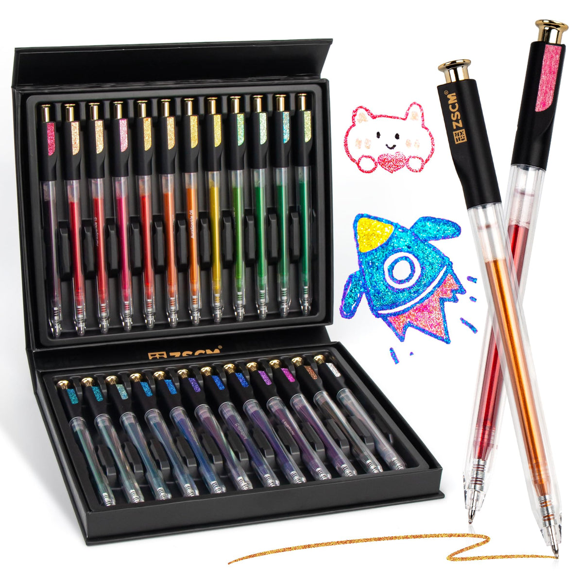 Retractable Aurasparkle Glitter Gel Pens, 24 Large Capacity Metallic Pens