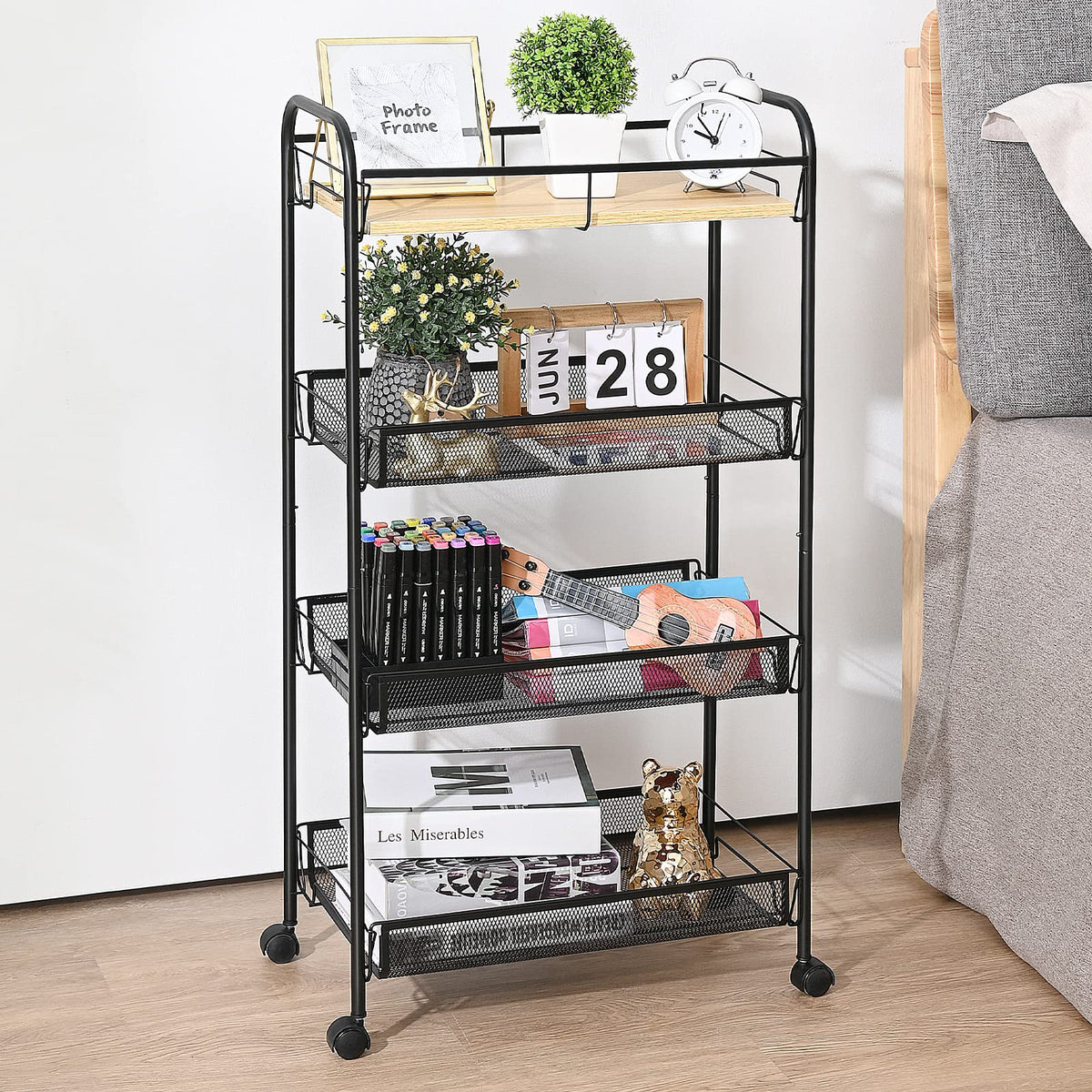 KINGRACK 4-Tier Rolling Cart,Metal Utility Cart with Wooden Tabletop,Easy Assemble Mobile Storage