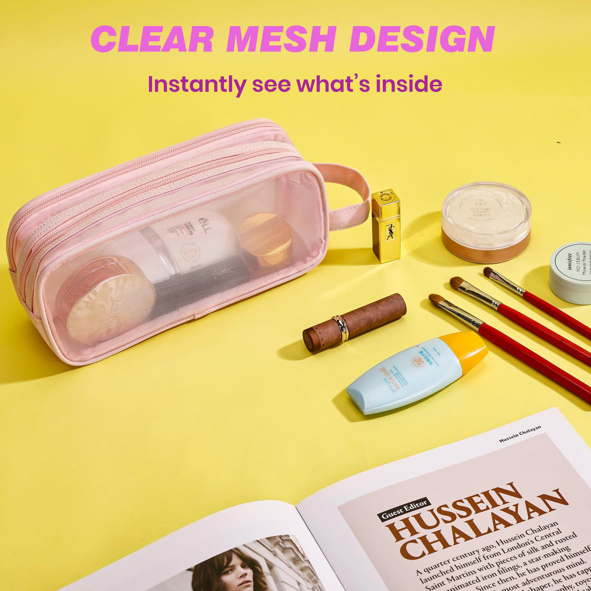 Hsmihair Large Grid Mesh Pencil Case, 2 Compartment Pen Pouch with Zipper, Clear Handheld