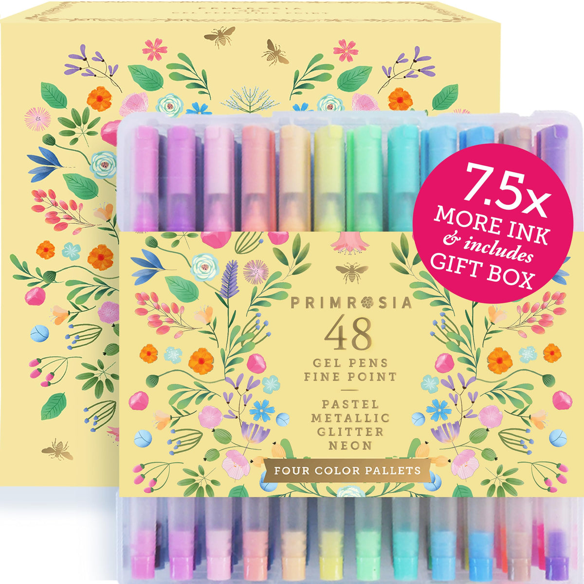 Primrosia 48 Gel Pens, inc. Metallic, Pastel, Glitter & Flourescent for Adult Coloring Book & Dot