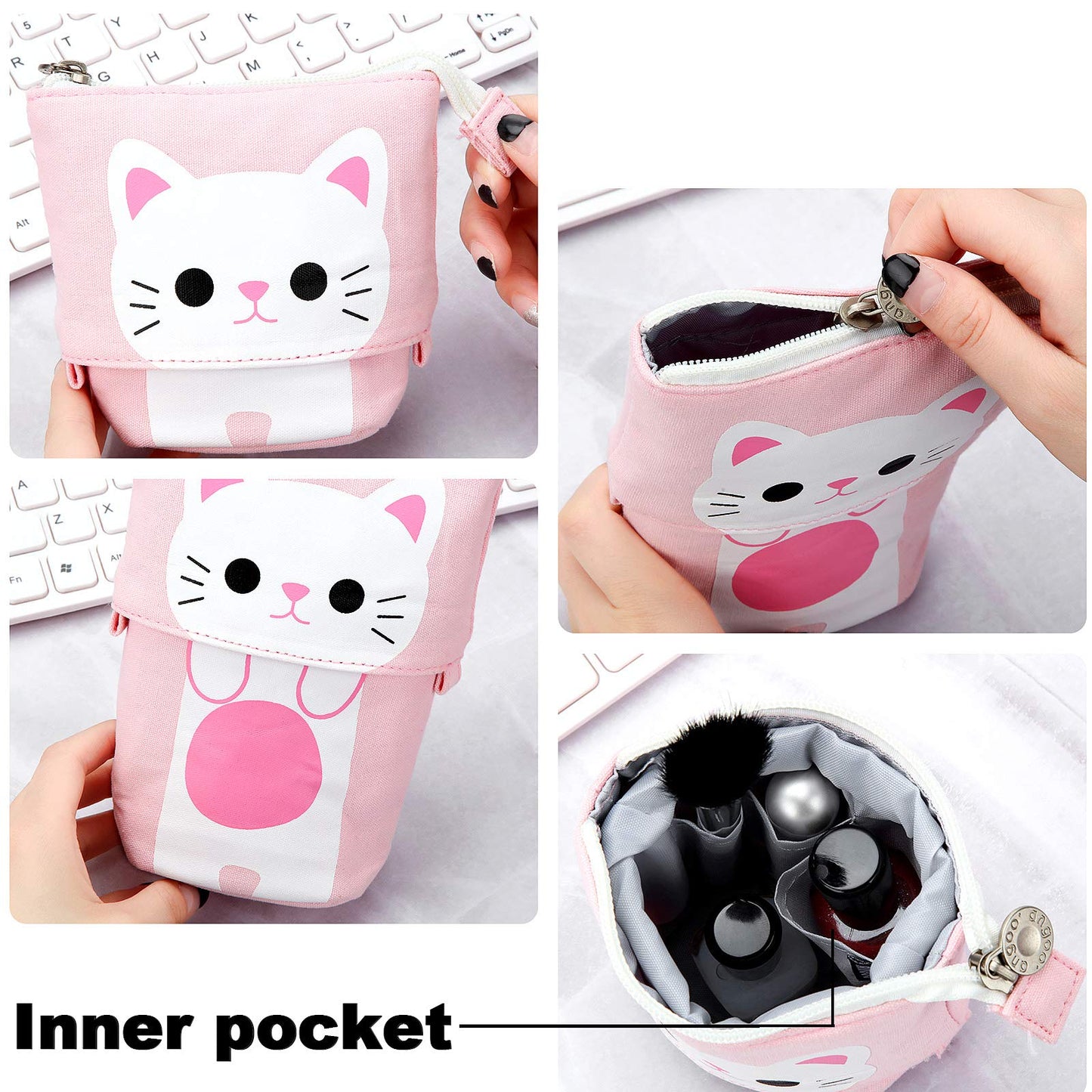 Zonon 4 Pieces Standing Pencil Case Cat Print Telescopic Pencil Case Stand up Pen Holder Canvas PU