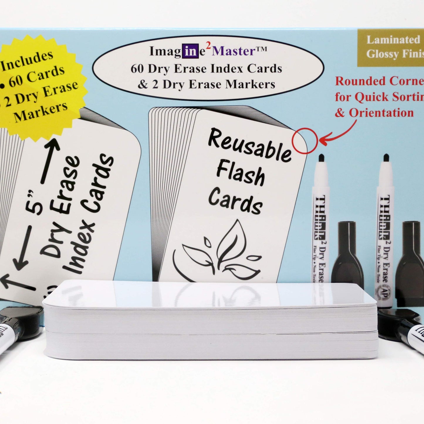 Imagine2Master 60 Blank Dry Erase Index Cards (3” X 5”). Comes with 2 Dry Erase Markers. DIY Flash
