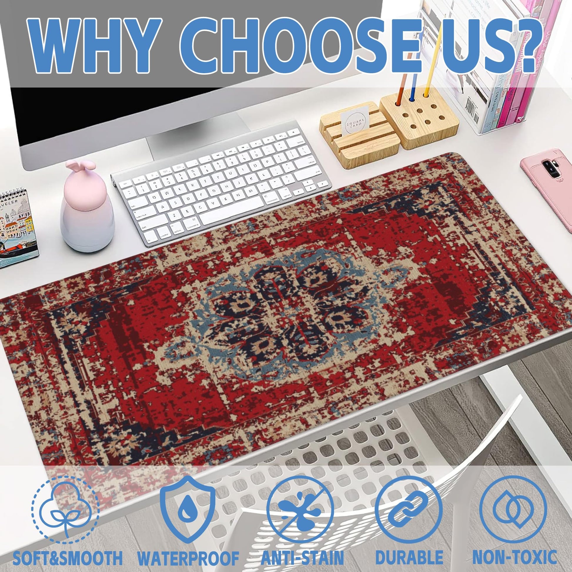 Desk Mat,Boho Carpet Style Large Gaming Mouse Pad for Desk XXL,Bohemian Rug Desk Pad,Extended Big