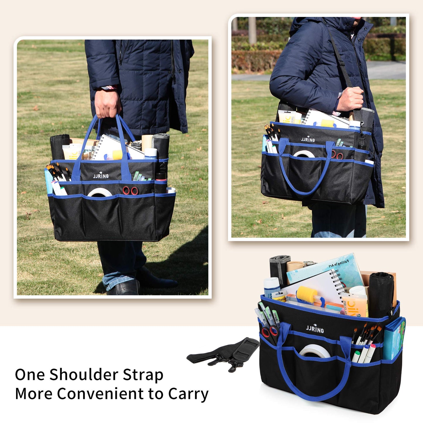 JJRING Large 600D Nylon Artist Organizer Tote Bag With 16 Pockets, Blue