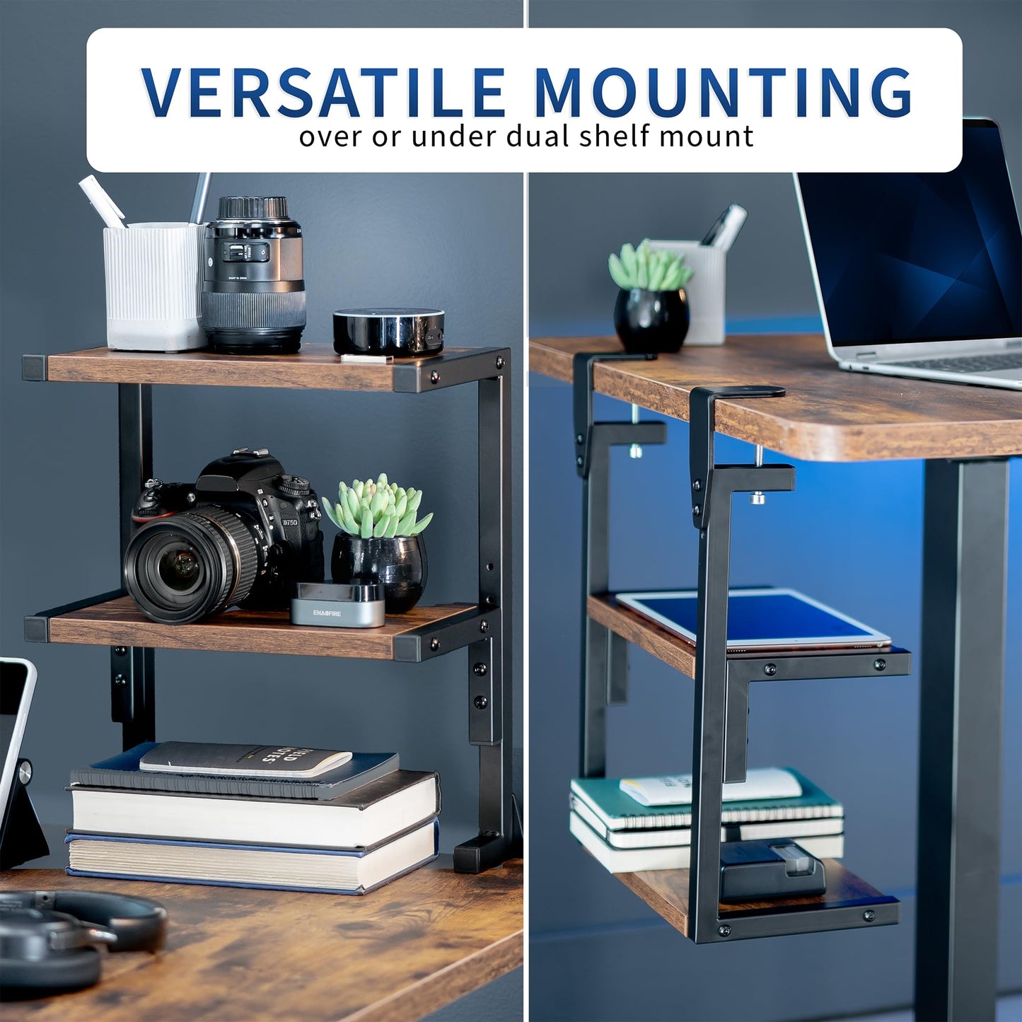 VIVO Vintage Brown Clamp-on 13 inch 2-Tier Desk Shelf, STAND-SHELF2C-N