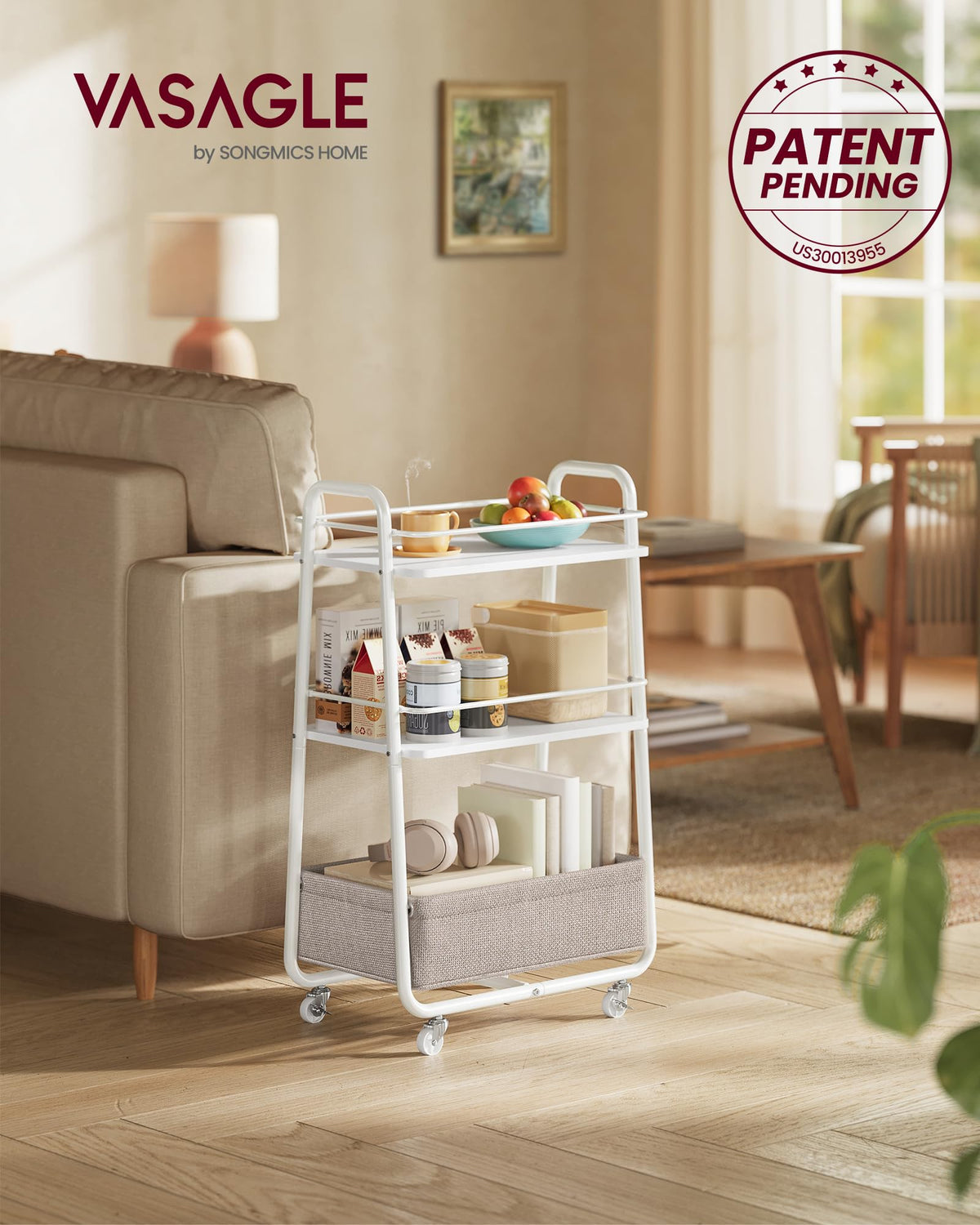 VASAGLE Storage Cart with Fabric Basket, 3-Tier Rolling Utility Cart