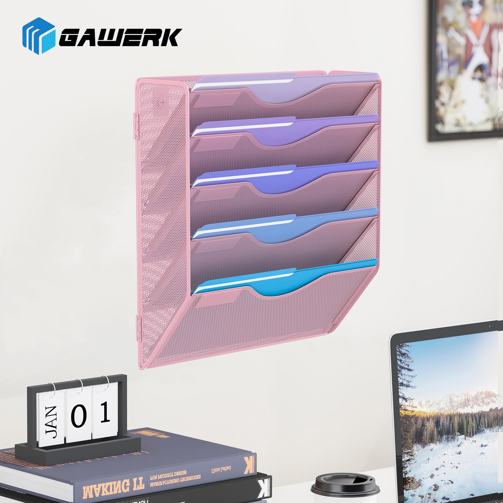 Gawerk 5 Tier Hanging Wall File Organizer, Mesh Mail Paper Orgnization Hanging File Folder Holder