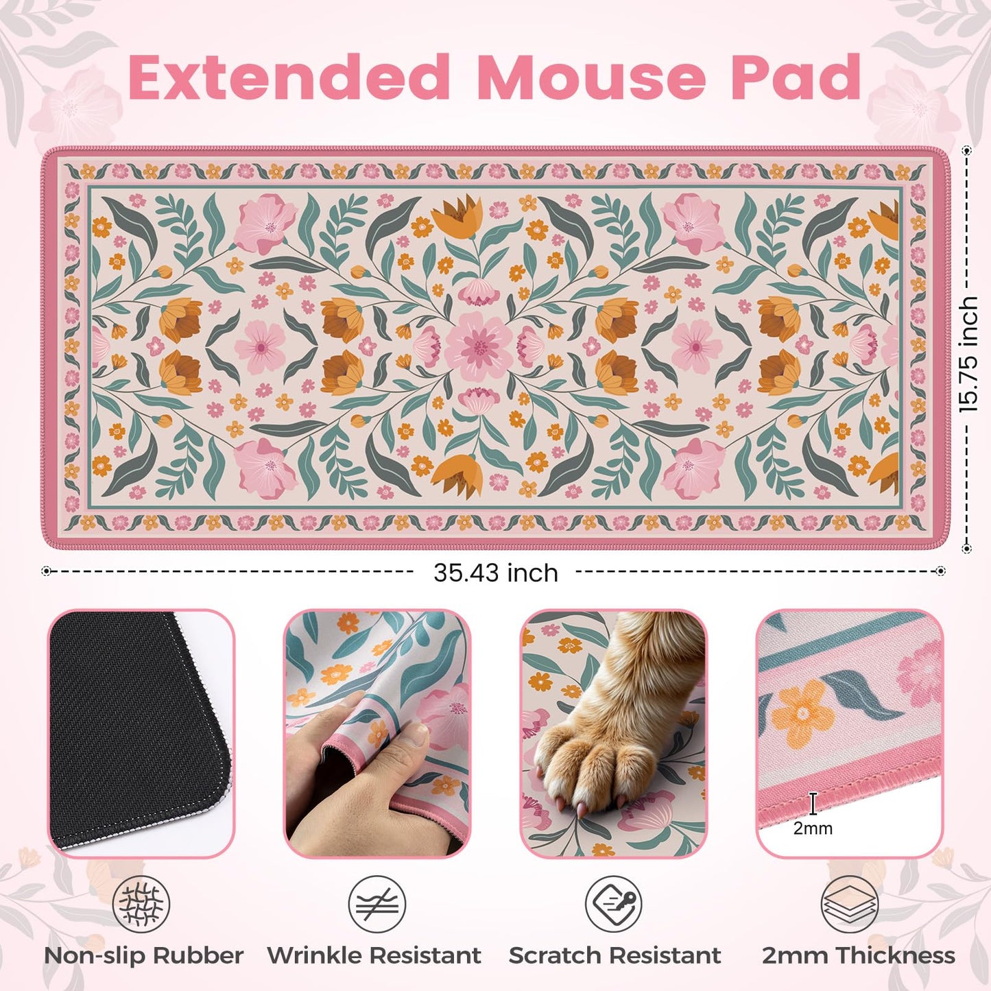 iLeadon Desk Protector Pad Mat Pink, Large Floral Mouse and Keyboard Pad