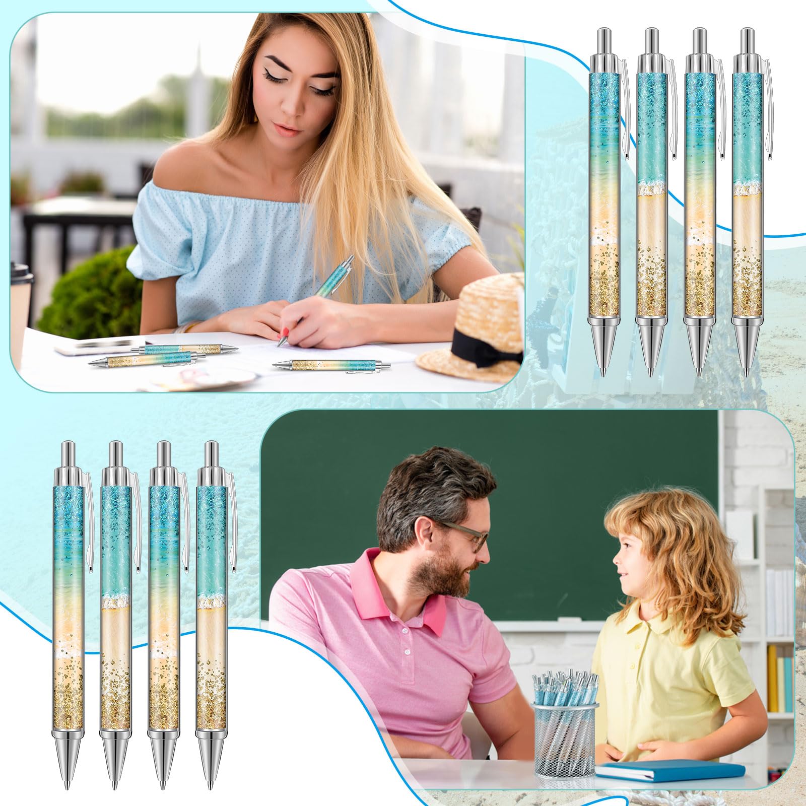Motipuns 48 Pcs Beach Teal Pens Bulk Ocean Party Favor Summer Teacher Gift