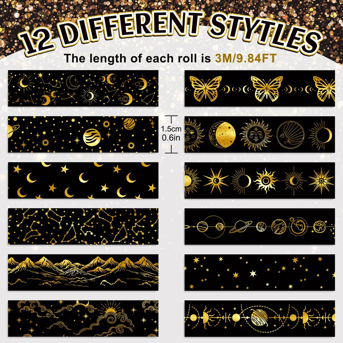 Whaline 12 Rolls Gold Foil Galaxy Washi Tape Black Gold Sun Moon Star Masking Tape Set Decorative