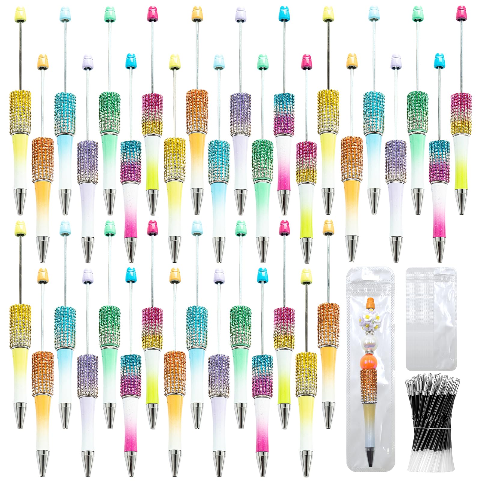 DASTTUIS 150 Pcs DIY Diamond Beadable Pen Kit - 50 Plastic Rhinestone Beaded Pens Bulk with Refills