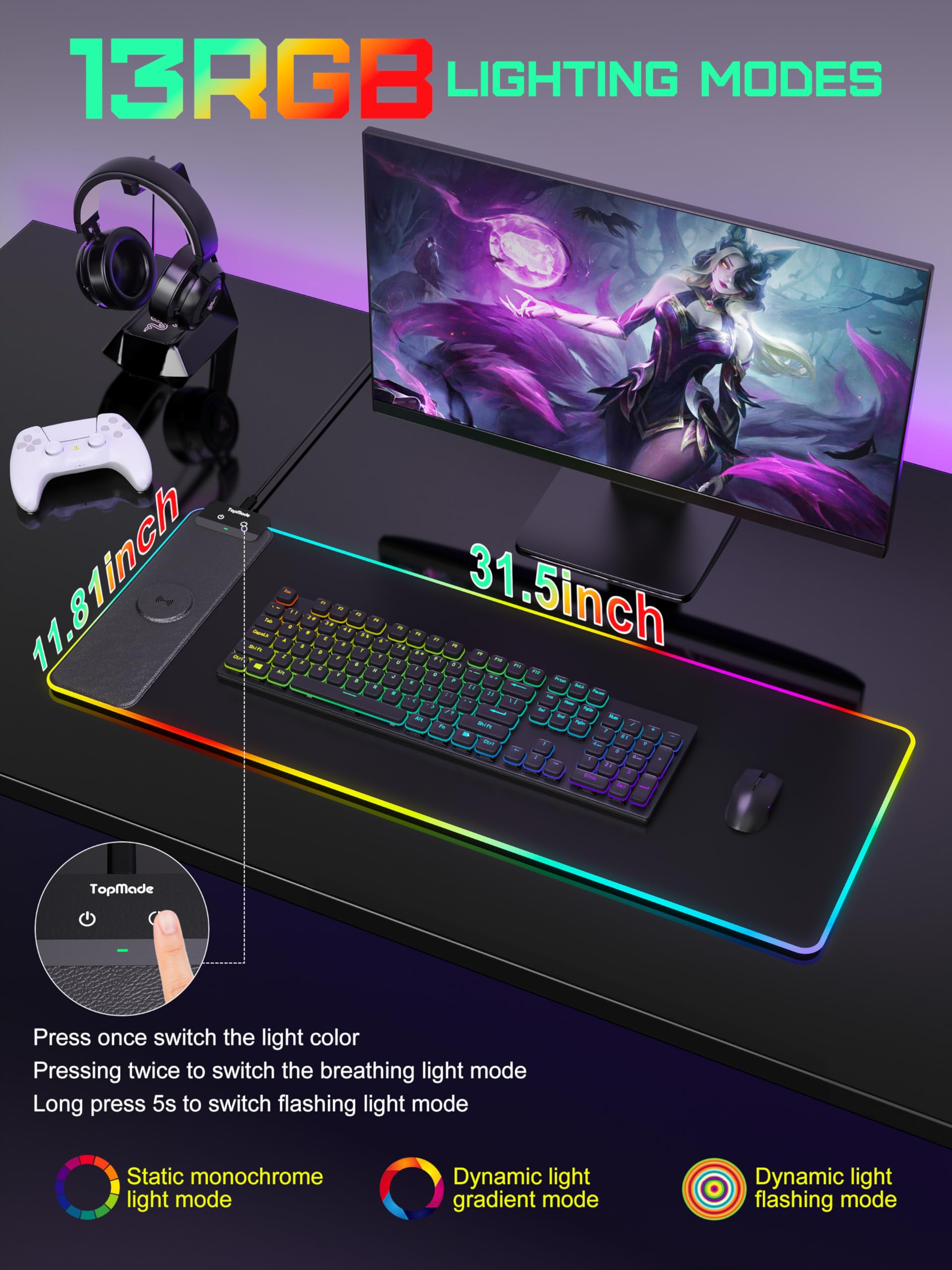 TopMade Mouse Pad with Wireless Charging, 31.5" x 11.81" XL Large Desk Mat