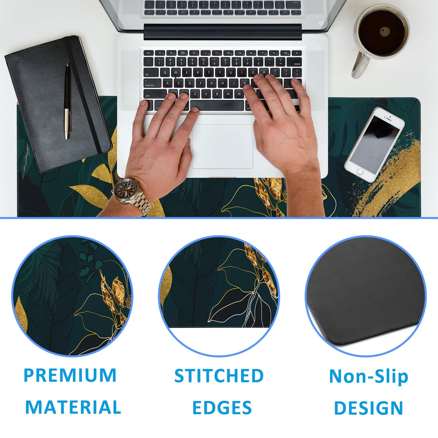 EOBKLAX Luxury Green Summer Desk Mat,Large Gaming Mouse Pad,Non-Slip Rubber Base Desk Pad with