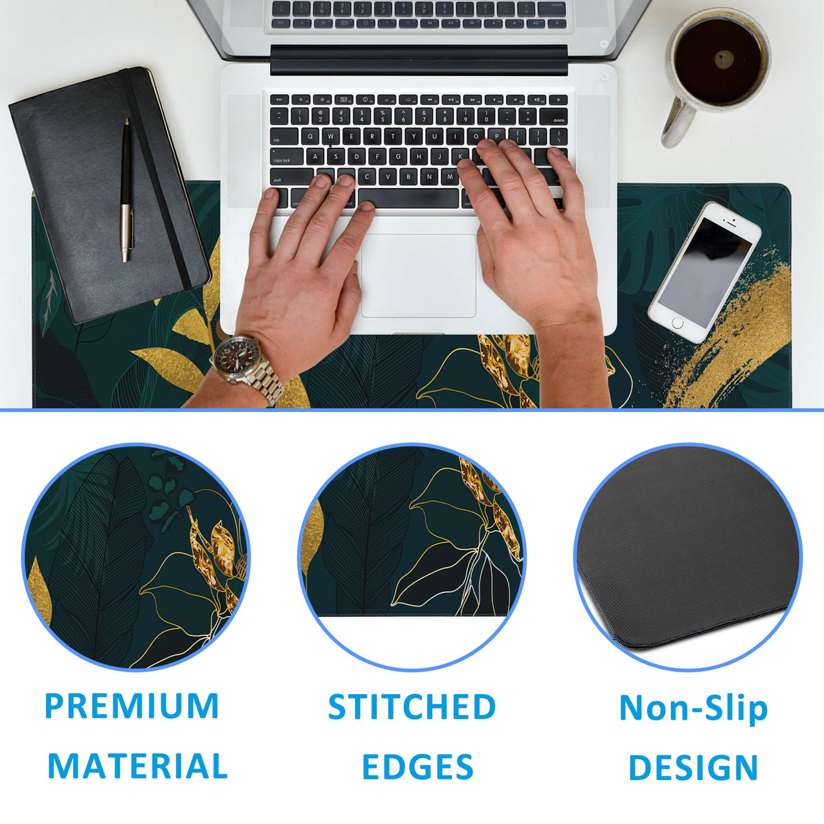 EOBKLAX Luxury Green Summer Desk Mat,Large Gaming Mouse Pad,Non-Slip Rubber Base Desk Pad with