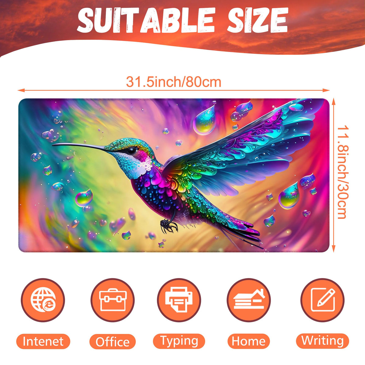KOAIWPAE Large Gaming Mouse Pad for Desk, Colorful Hummingbird Desk Mat, Bright Hummingbird Desk