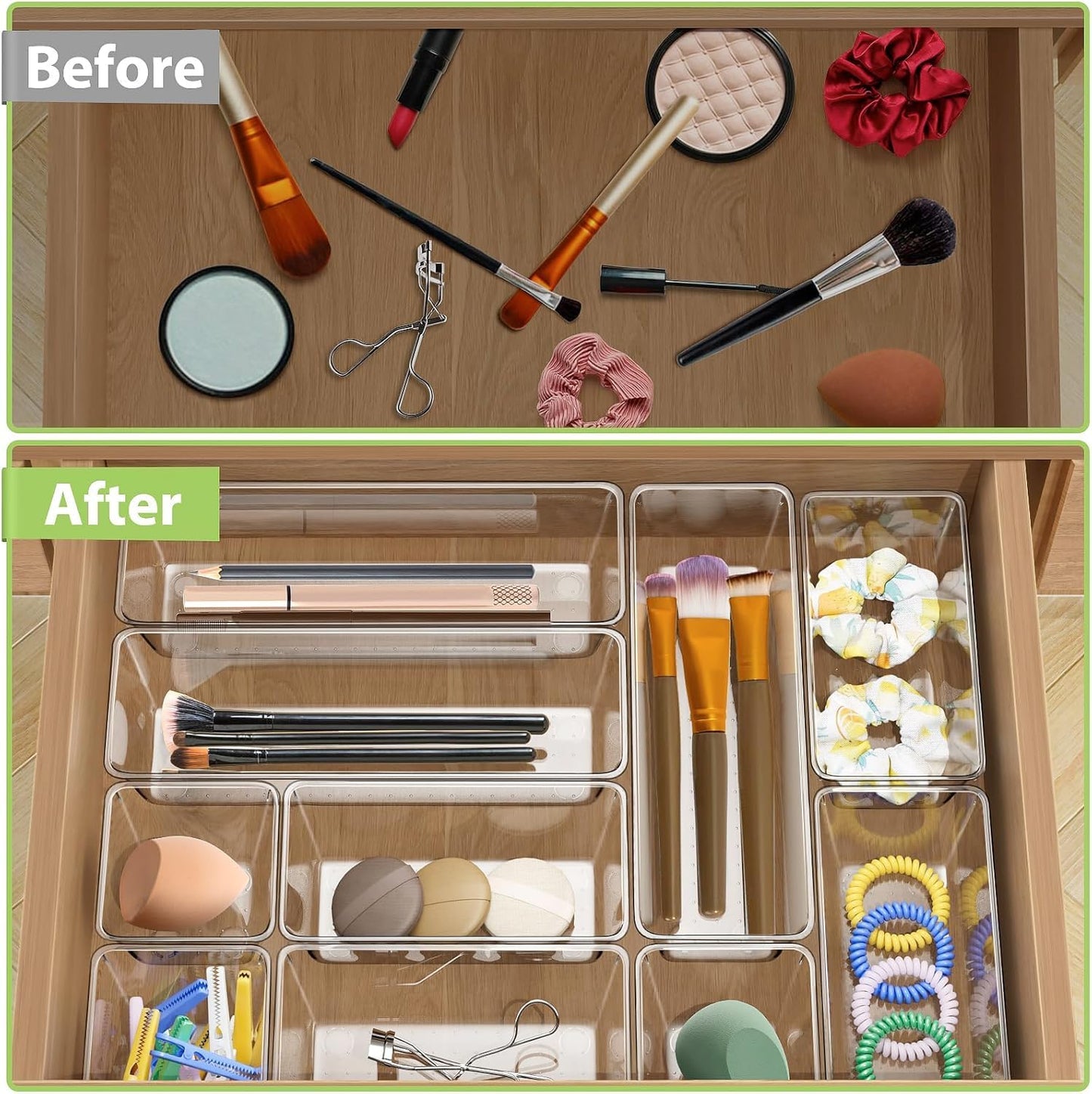 25 Piece Clear Drawer Organizer Set, 4 Sizes Bathroom Vanity Organizer Trays and Storage Bins for