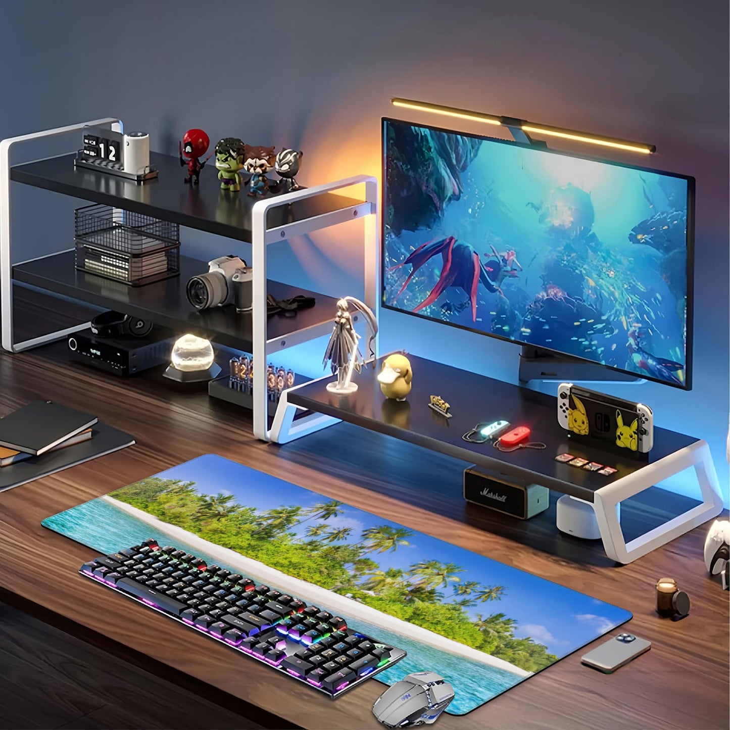 Tropical Nature Landscape Desk Mat,Large Summer Beach Seawater and Palm Trees Gaming Keyboard Mouse