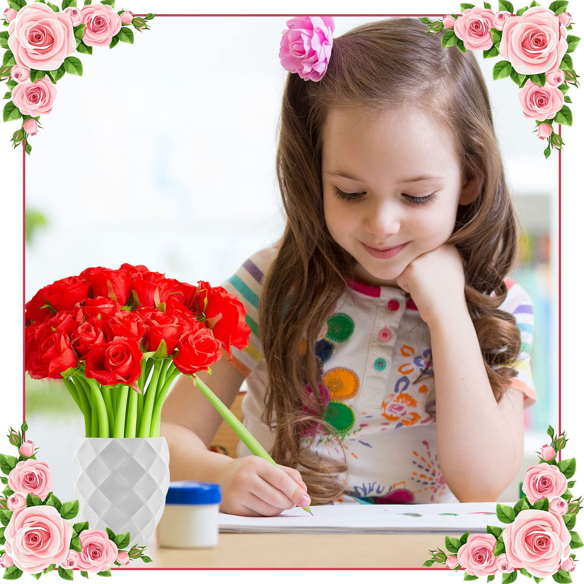 Gueevin 48 Pcs Flower Pens Artificial Rose Pens Bulk Mothers Day Rose Shaped Ballpoint Pen Black