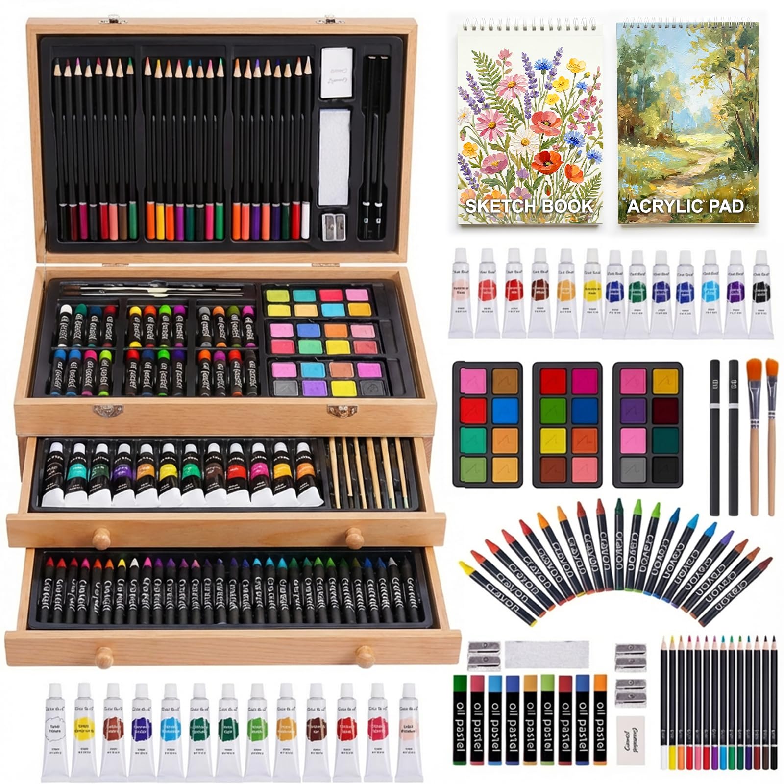 175-Pack Deluxe Wooden Art Set Drawing Painting Kit with 2 Drawing Pads, Acrylic Paints, Colored