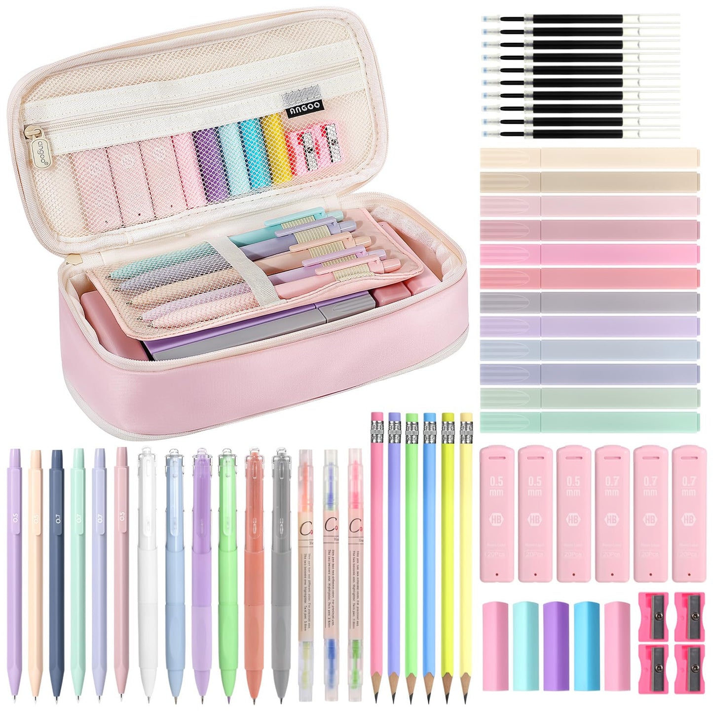 MoKo Pencil Case with Supplies, 59Pcs Aesthetic School Set, Pink