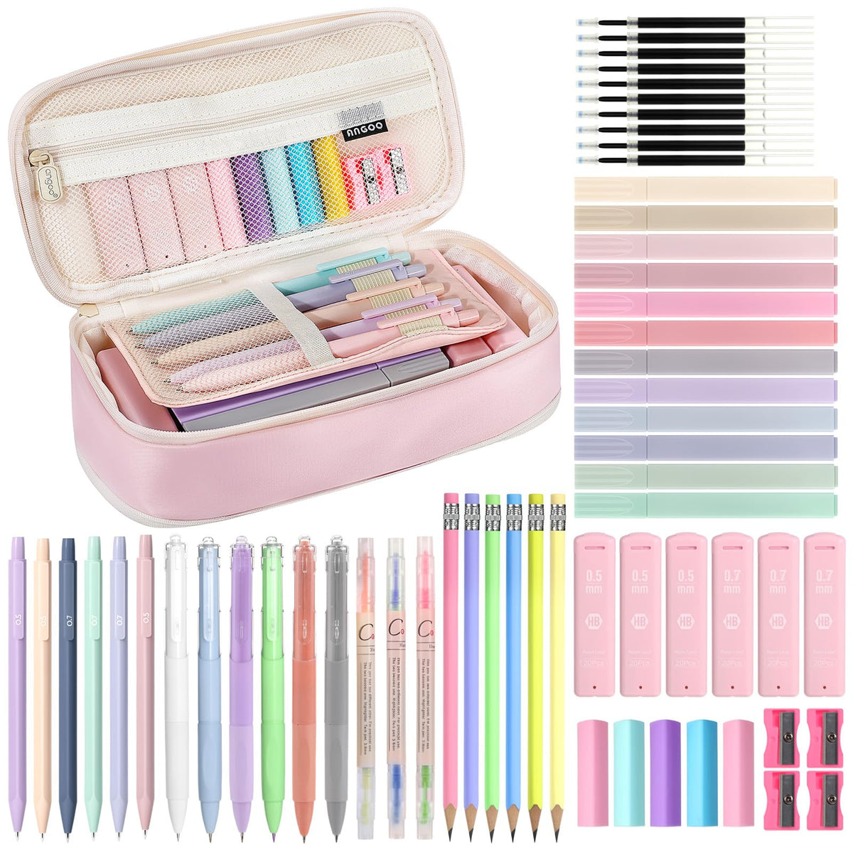 MoKo Pencil Case with Supplies, 59Pcs Aesthetic School Set, Pink