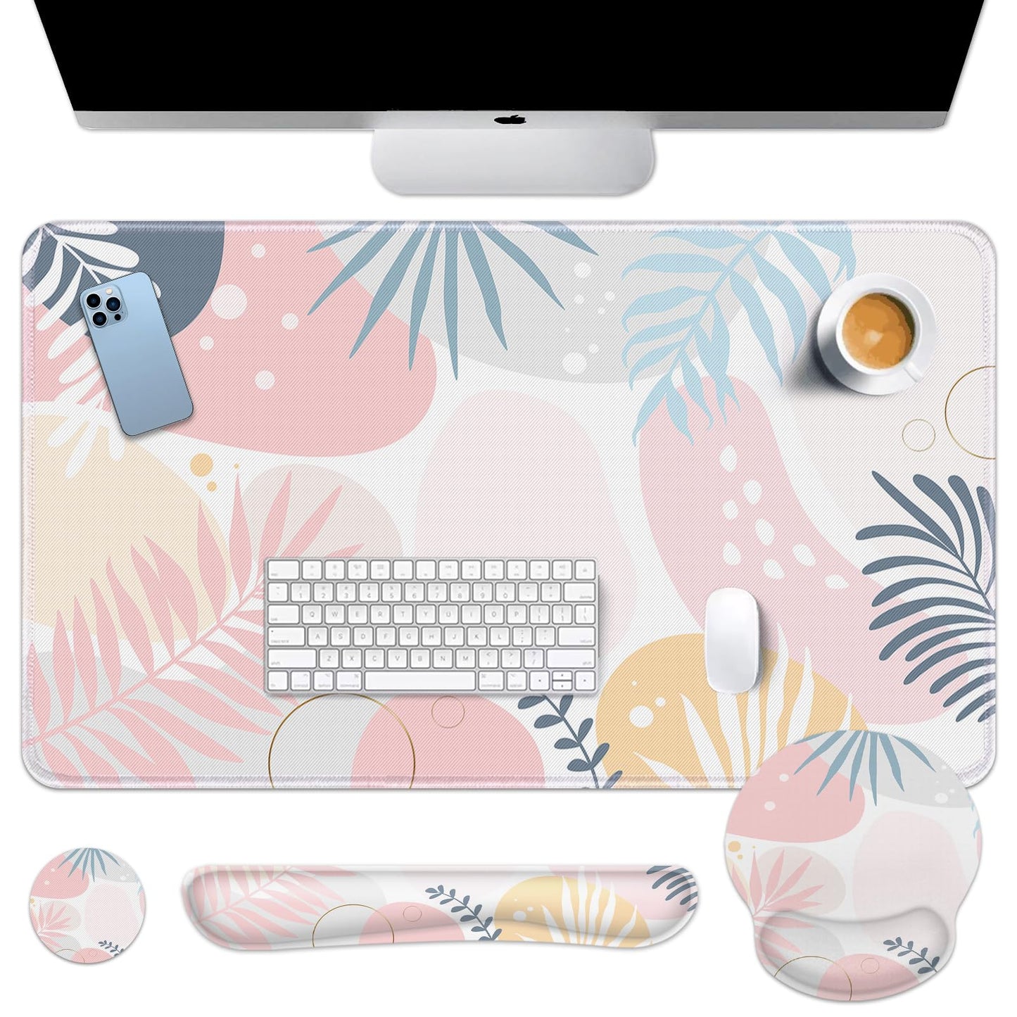 Arttown Keyboard Mouse Pad Set, 4 in 1 Desk Mat Set Botanical Vintage