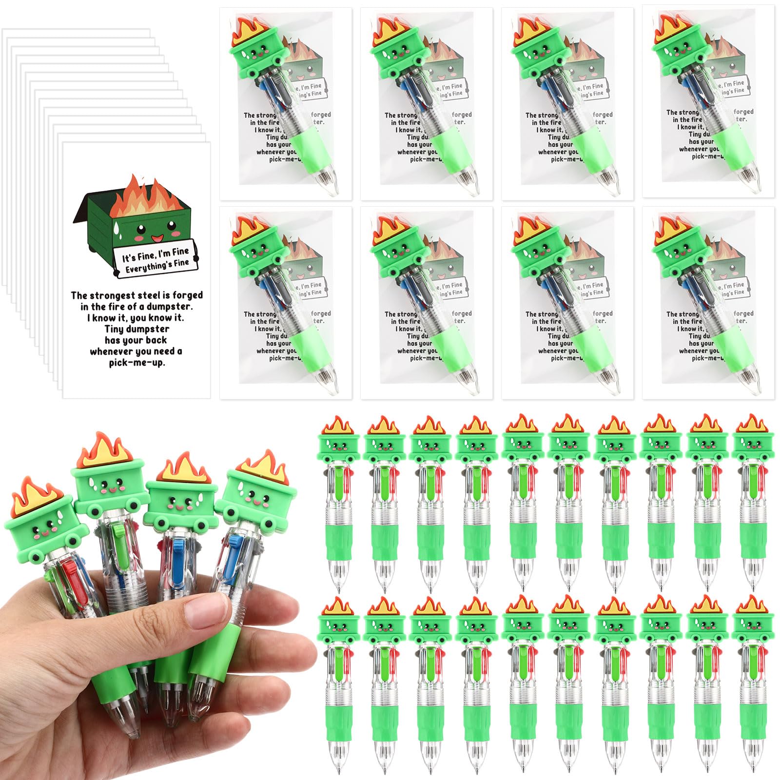 Sayglossy 50 Sets Dumpster Fire Pen Bulk, 4-in-1 Ballpoint Pens with Cards