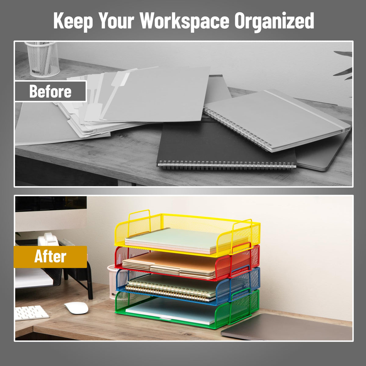 Mind Reader Stackable Paper Tray, Classroom Organizer, File Storage, Teachers, Metal Mesh, 4 Pcs.