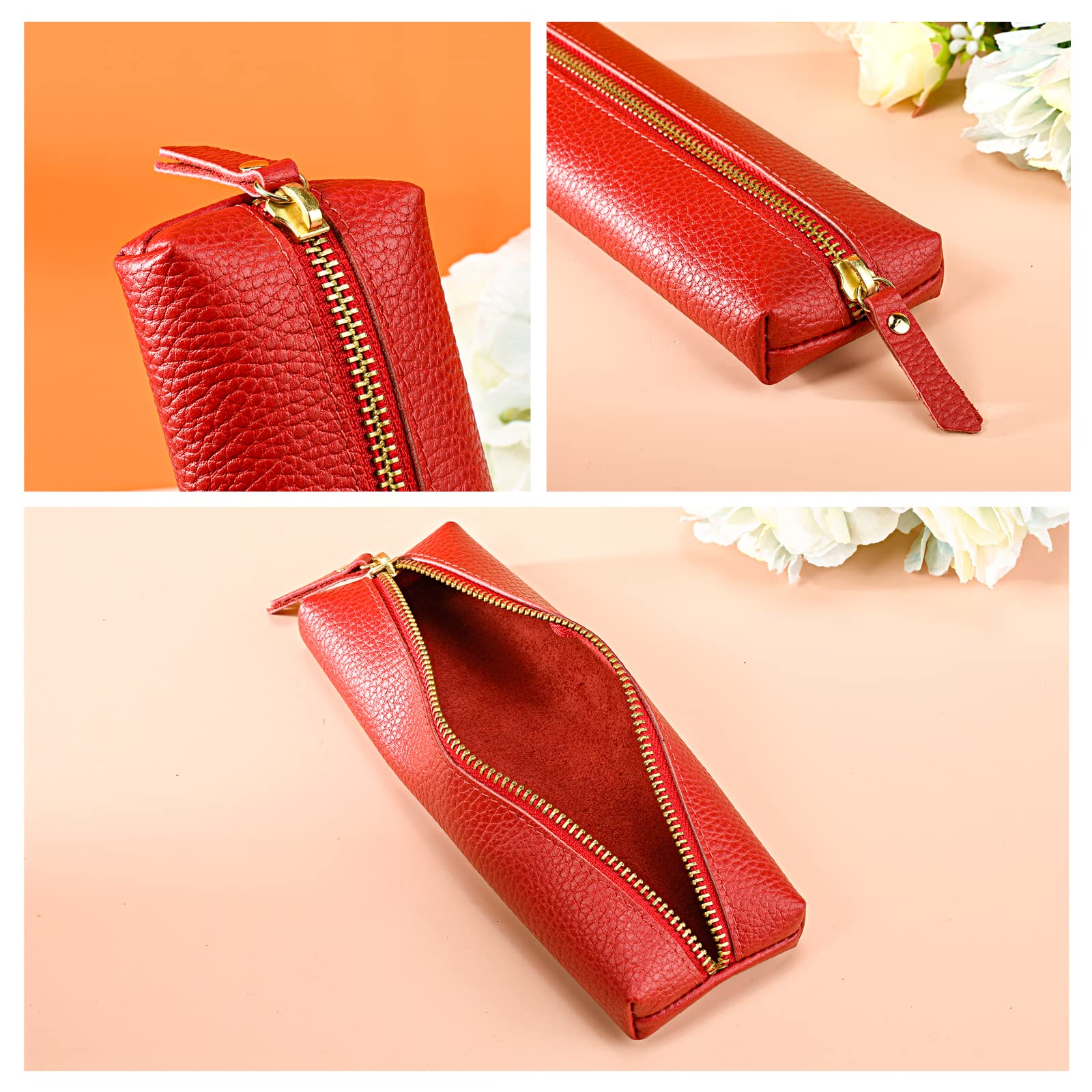 Sluxa Genuine leather pen case, Cowhide red pencil pouch with zipper, Soft pen bag for adults.