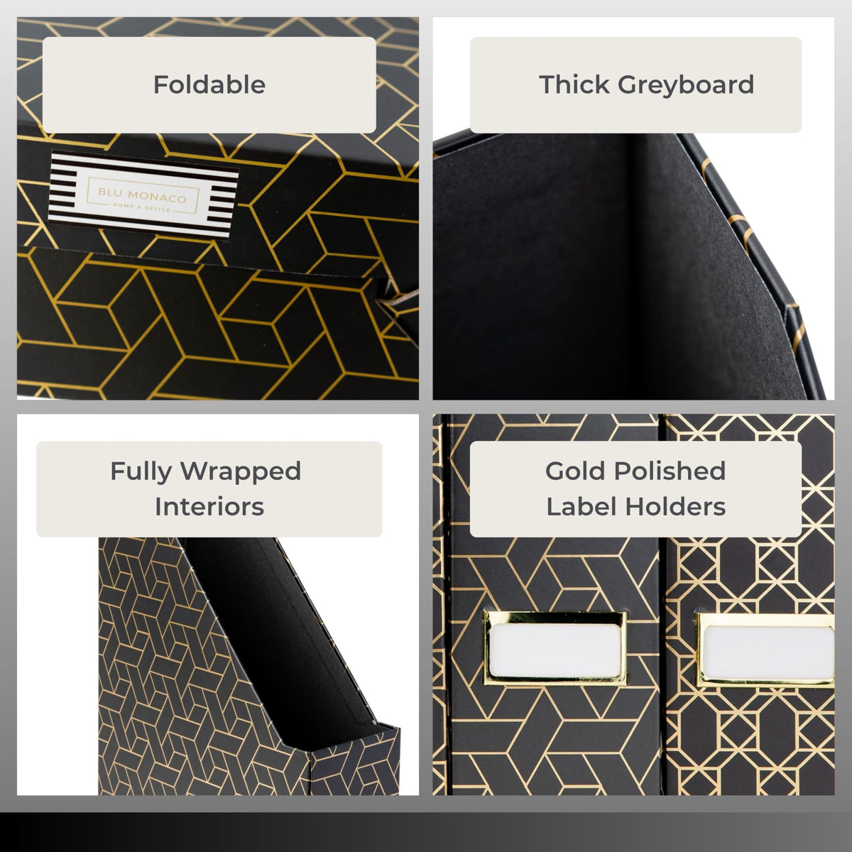 BLU MONACO | Set of 4 Black & Gold Geometric Magazine File Holders with Gold Label Holders |