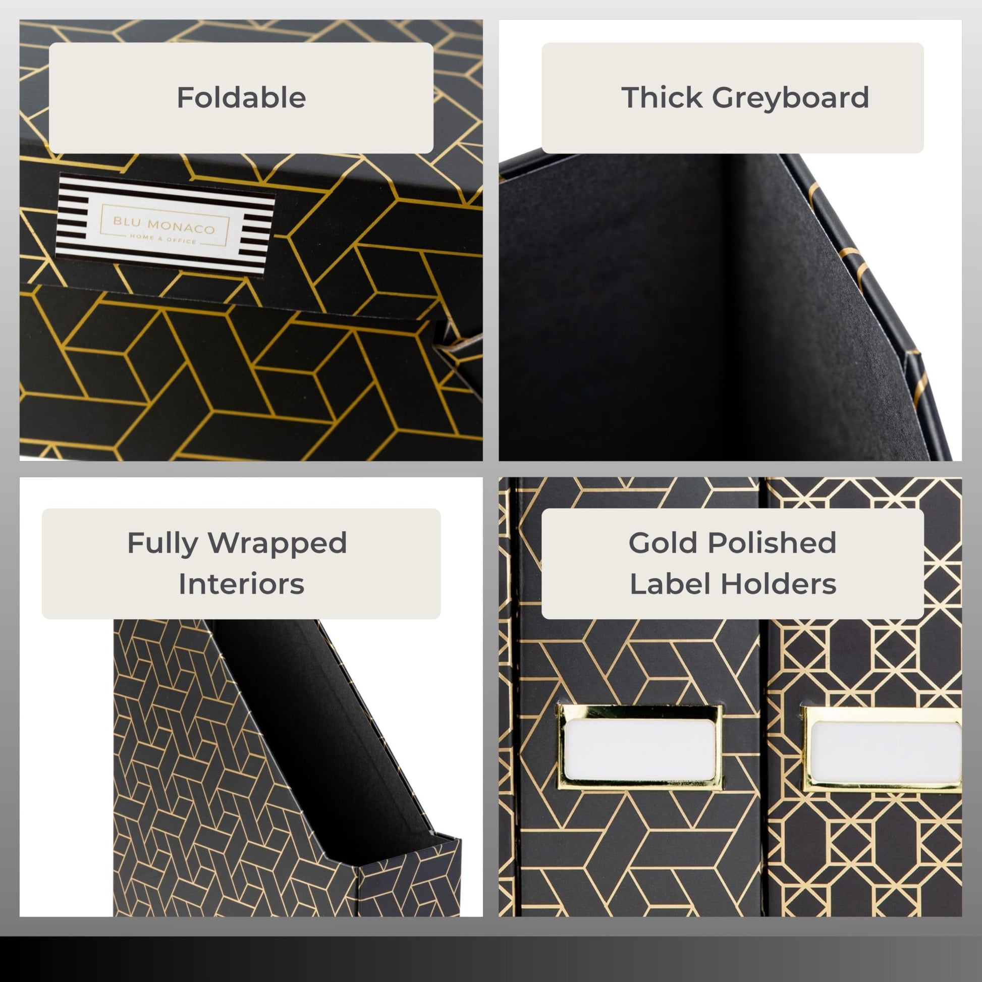 BLU MONACO | Set of 4 Black & Gold Geometric Magazine File Holders with Gold Label Holders |