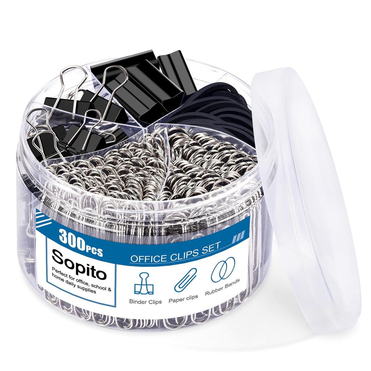 Sopito 300pcs Paper Clips, Binder Clips & Rubber Bands, Black