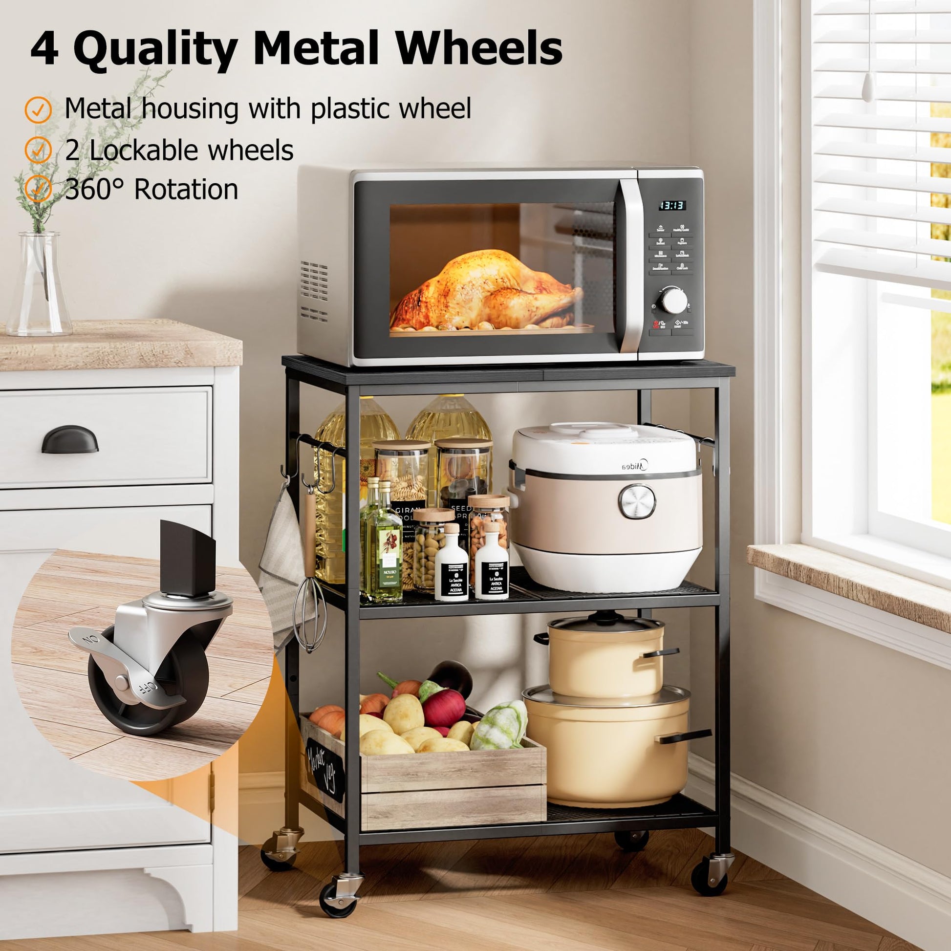 Homleke 3-Tier Rolling Kitchen Microwave Cart, Utility Cart