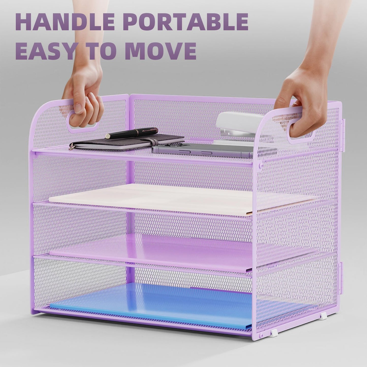 Marbrasse 2 Pack 4 Tier Paper Organizer Letter Tray - Mesh Desk File Organizer with Handle, Paper