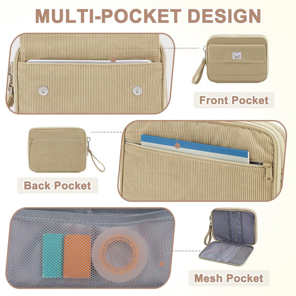 VASCHY Colored Pencil Case, Corduroy Large Pencil Pouch for Art Pens Markers Gel Pens Big Holder