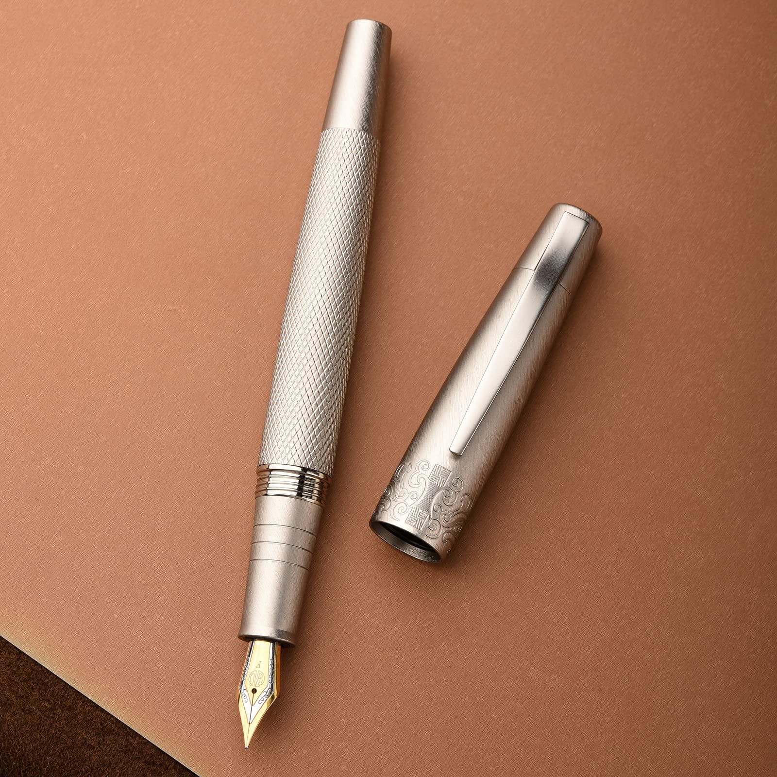 Hongdian 6013 Silver General Fountain Pen, Iridium Gold-silver Fude Nib Solid Metal Writing Pen