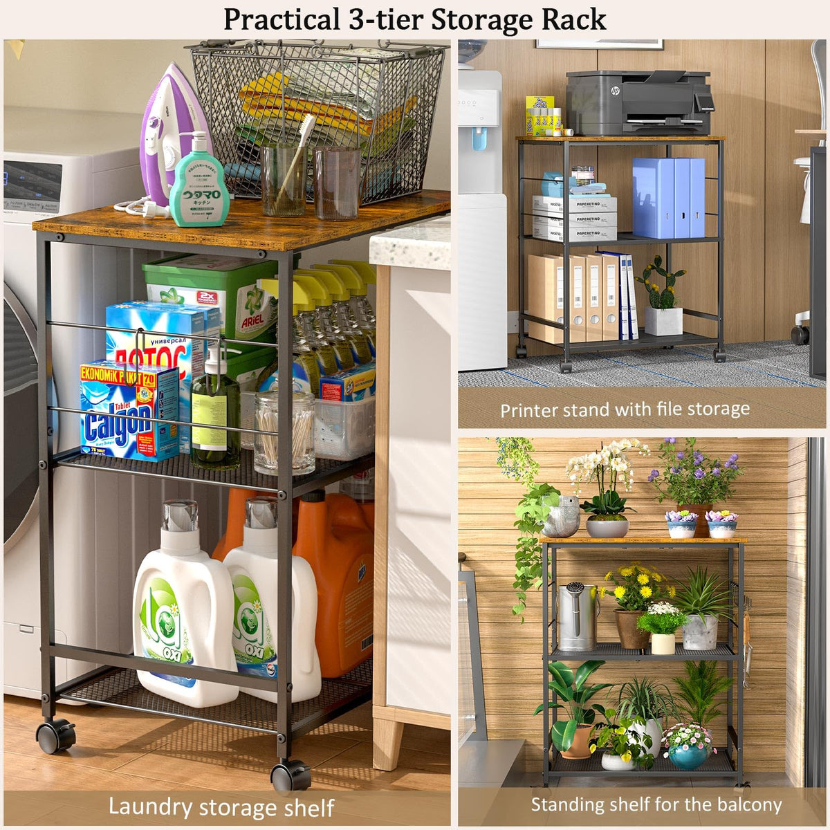 ThreeHio Rolling Kitchen Microwave Cart, 3 Tier Microwave Table Stand with Storage, Kitchen Utility