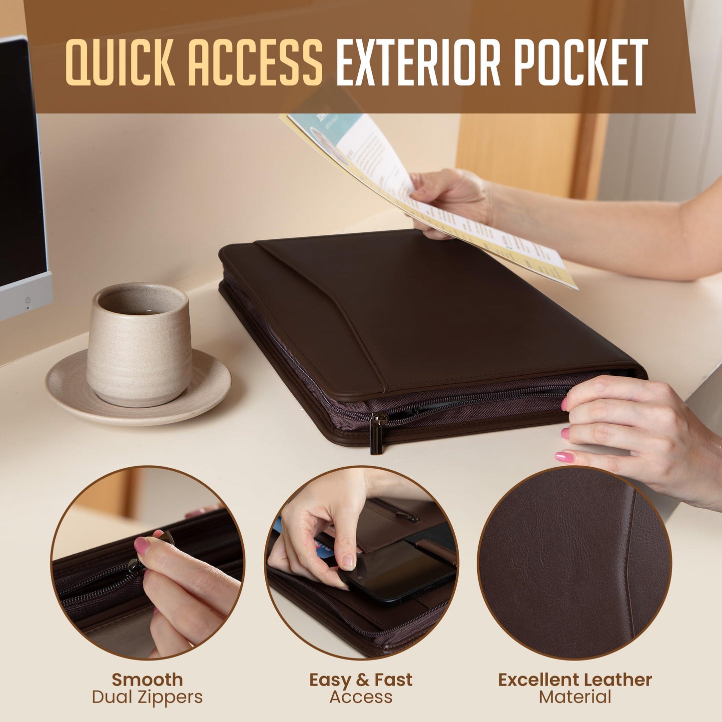 STYLIO Zipper Padfolio Portfolio Binder Organizer (Walnut Color) | Faux Leather Portfolio for
