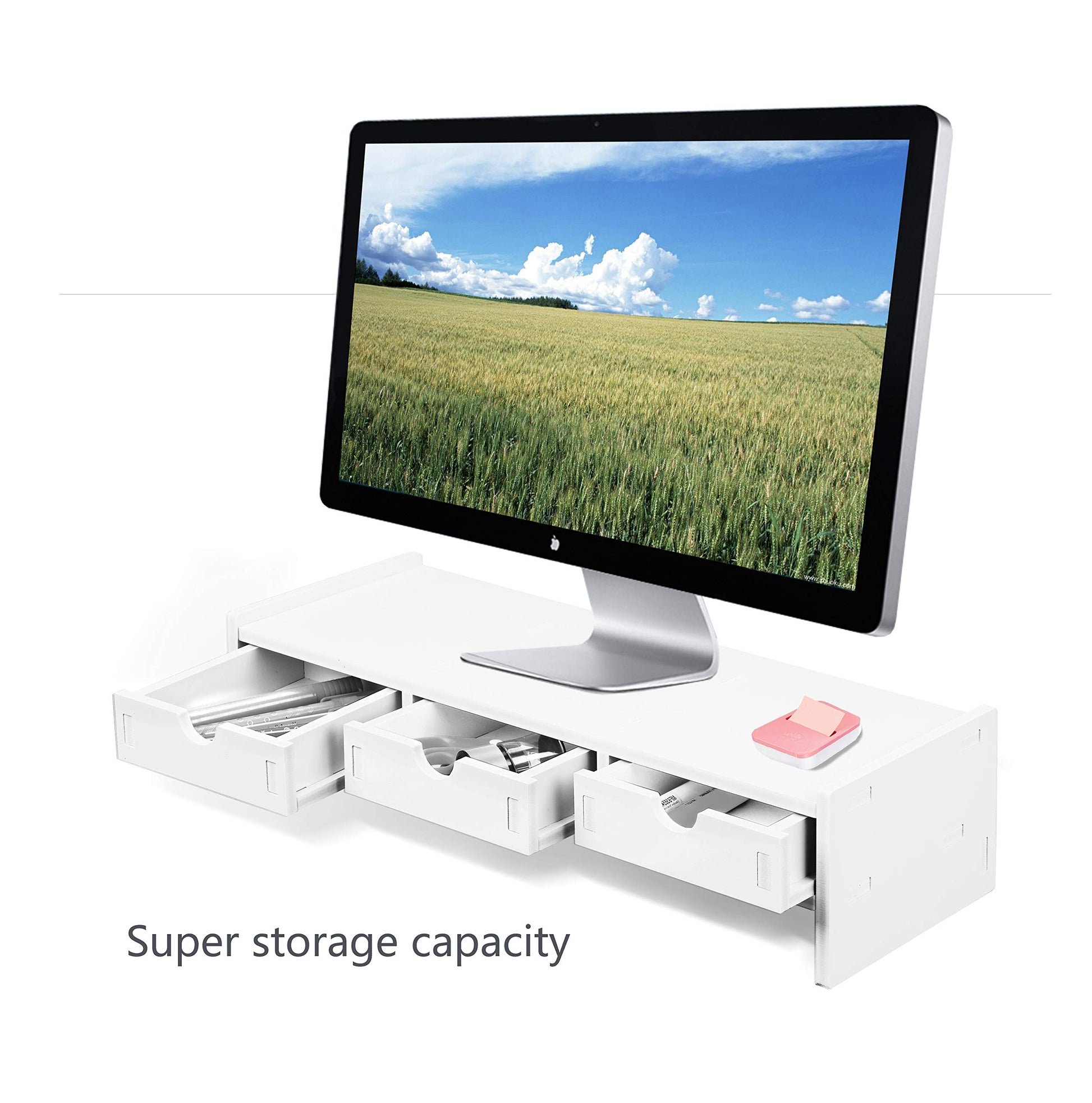 valen Monitor Stand Riser, Computer Laptop Riser Shelf with 3 Organizer Drawers (White, 19.5" L x