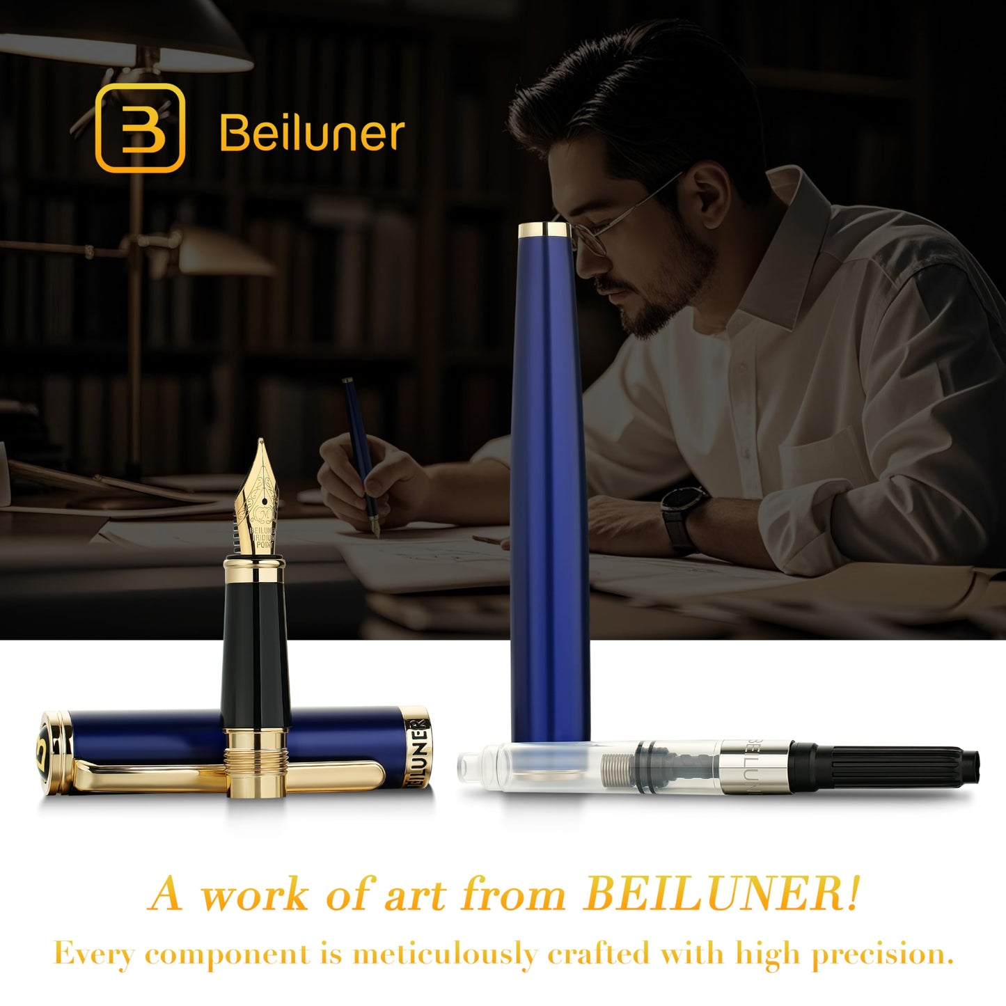 BEILUNER Blue Fountain Pen,Stunning Luxury Pens with 24K Gold Finish, Gorgeous 24K Gilded